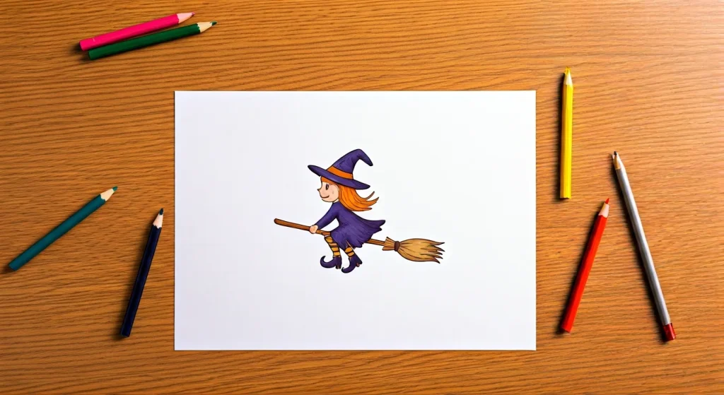 Ilustrace čarodějnice na papíře s pastelkami, návod na kreslení